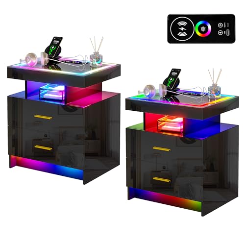 HNEBC RGB LED Nightstand Set of 2, Modern Bedside Table with Wireless Charging Station & USB Ports, High Gloss Smart Night Stand with Drawer and RGB Dynamic Lighting, Black Nightstands for Bedroom - Black - 103