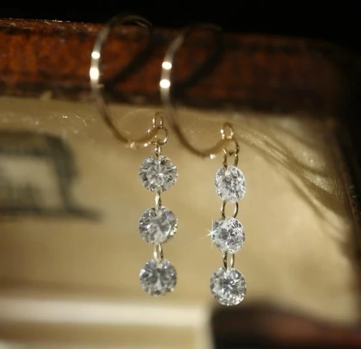 18K Solid Gold Triple Diamond Drop Earrings