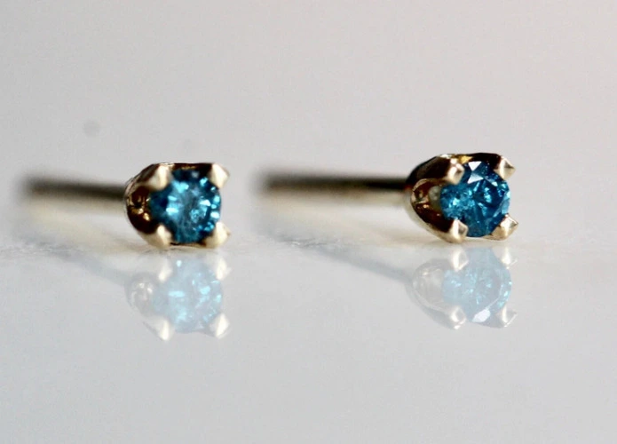 14K Gold Tiny Blue Diamond Studs, Blue Diamond, Diamond Earrings