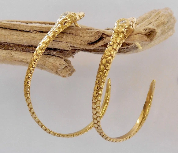 Elegant 18k Gold Serpent Snake Hoop Earrings with Diamonds 