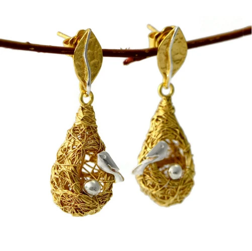 24k Gold and Silver Bird Earrings