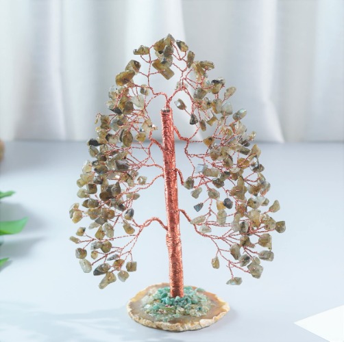 Labradorite Crystal Tree of Life - Handmade Gemstone Tree, Geode Agate Slice Base, Chakra Tree of Life, Feng Shui Tree, Money Tree, Crystal Decoration, Spiritual Gift, Artificial Tree, Healing Crystal - Labradorite (Copper Wire)