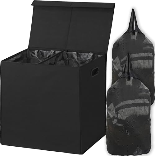 Simple Houseware Double Laundry Hamper with Lid and Removable Bags, Black - Black