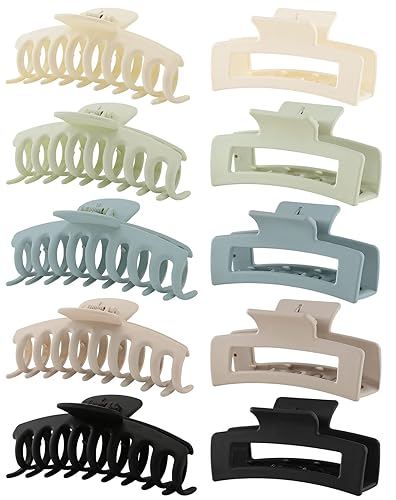 10 Pack Hair Claw Clips, Neutral Hair Clips for Women, 4.1" Big Claw Clips, Large Rectangle Claw Hair Clips, Matte Hair Claws Hair Styling Accessories for Thick Hair - Beige