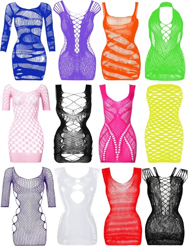 12 Pieces Women's Fishnet Lingerie Mesh Babydoll Bodysuit Lace Smock Lingerie for Women - Fresh Color