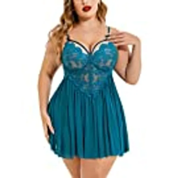 Avidlove Plus Size Lingerie Lace Babydoll Womens Strap Chemise Nightgown V Neck Nighty Mesh Sleepwear Side Slit Nightdress
