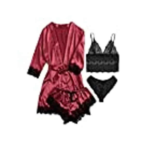 SOLY HUX Women's Satin Pajama Set 4pcs Floral Lace Trim Cami Lingerie Sleepwear with Robe