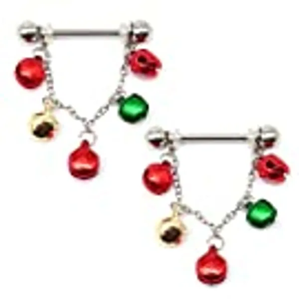 14G Jingle Bell Dangle Nipple Rings Stainless Steel Hoop Earrings Nipple Tongue Ring Barbell Piercing Red Green Ball Bead Christmas Nipple Piercing Jewelry for Women Girls