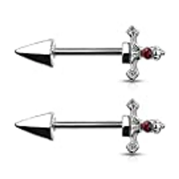 Pierced Owl - 14GA 316L Stainless Steel Red Gem Set Dagger Nipple Barbells, Sold as A Pair