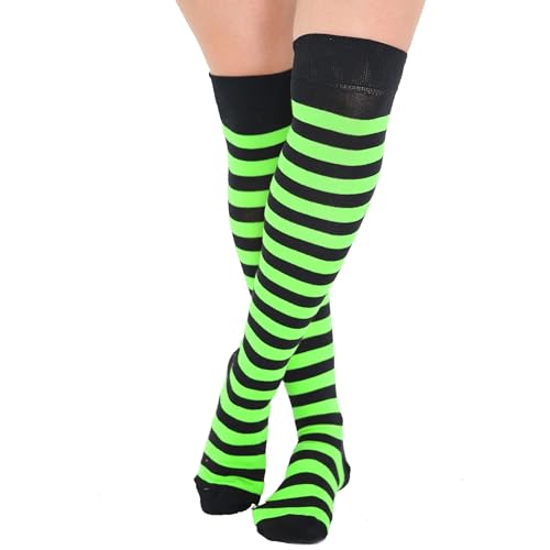 Crazy Chick New Ladies Girls Stripe Stripy Striped Over The Knee Thigh High Long Socks Assorted Colours UK Size 4-6 - One Size - Black & Green