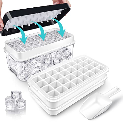 Ice Trays for Freezer with Lid & Bin, Ice Cube Tray Making 64 pcs Ice Cubes, Easy Press to Release Ice, Ice Tray with Storage Bin Chilling Cocktail Whiskey Coffee 2 Trays 1 Ice Bucket & Scoop (Black) - Black