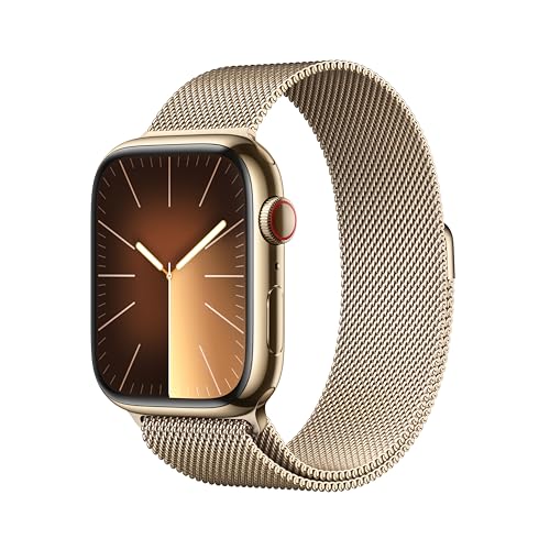 Apple Watch Series 9 [GPS + Cellular 45mm] Smartwatch with Gold Stainless steel Case with Gold Milanese Loop One Size. Fitness Tracker, Blood Oxygen & ECG Apps, Water Resistant - GPS + Cellular - Stainless Steel: Gold - 45mm One Size - fits 150-200mm wrists