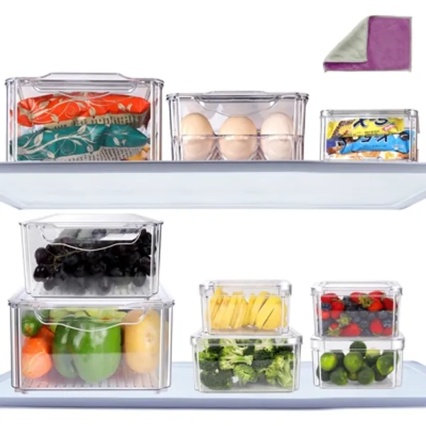 Masthome Refrigerator Organizer with Lids - Set of 9 - Clear Refrigerator Storage Boxes, Includes Egg Tray Storage Container for Fridge Kitchen Pantry - Send Cleaning Cloth