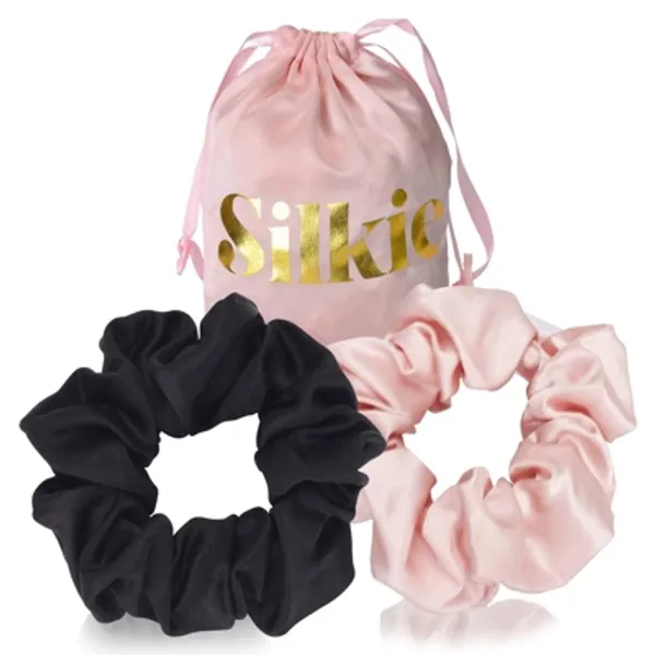 SILKIE x2 Set 100% Pure Mulberry Silk Pink Black Large Oversized Scrunchies Silk Travel Pouch Hair Ties Elastics Hair Care Premium Ponytail Holder No Damage