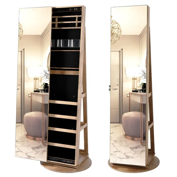 LVSOMT 360° Swivel Jewelry Cabinet with Full-Length Body Dressing Mirror, Large Capacity Jewelry Organizer Armoire, Lockable Floor Standing Mirror with Back Storage Shelves for Bedroom, Cloakroom