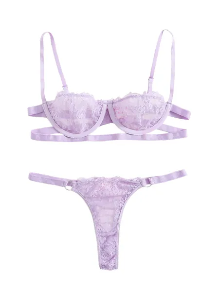 SheIn Women's 2 Piece Sexy Lace Strap Bralette Bra and Panty Lingerie Set Push Up