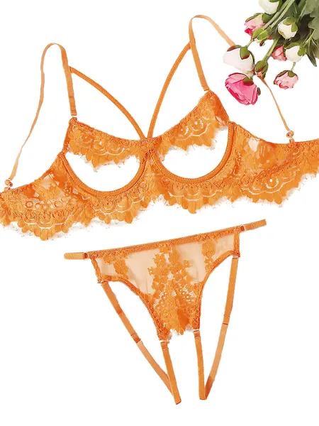 Lilosy Sexy Underwire Strappy Eyelash Floral Lace Sheer Lingerie Set for Women See Through Bra and Panty 2 Piece