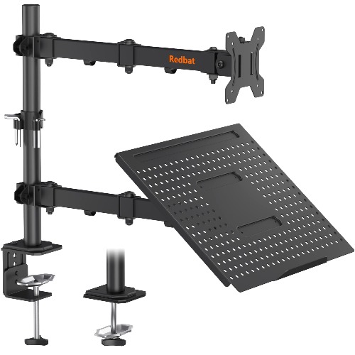 Redbat skärm och laptopstativ för 13-32 tum LCD-LED-skärmar, justerbart bildskärmsfäste med laptopfack upp till 16 tum laptop/notebook, laptop-arm med VESA 75/100 mm, 2 monteringsalternativ