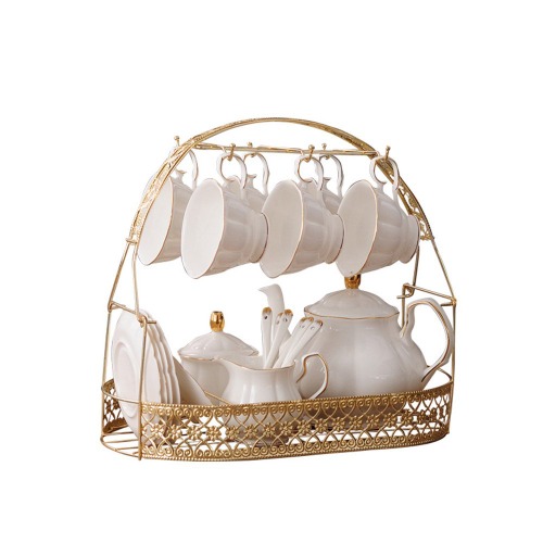fanquare 21 delar enkla vita engelska keramiska tesatser, tekanna, benporslinskoppar med metallhållare matchande skedar, eftermiddagste-set service kaffeset