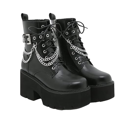 Women Platform Ankle Boots Gothic Metal Chain Lace-Up Warm Lining Autumn Winter Boots Wear-Resistant Chunky Heel Breathable Leather Boots - 7 UK - Black