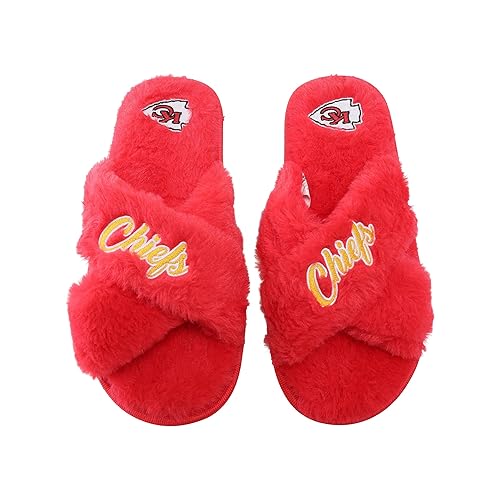 FOCO Womens NFL Team Script Wordmark Fuzzy Cross Slide Slippers - Kansas City Chiefs - 5-6 - Team Color