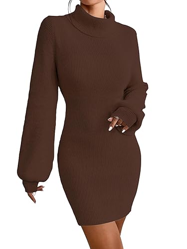 Turtleneck Sweater Dress for Women Lantern Sleeve Bodycon Pullover Mini Sweater Dress Stretchable Elasticity Slim - Coffee - X-Small