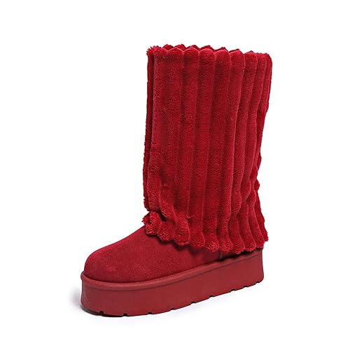 CARLKARIDA Women's Platform Fur Boots, Fuzzy Fleece Lined Ankle Booties, Anti-Slip - Red - 5.5