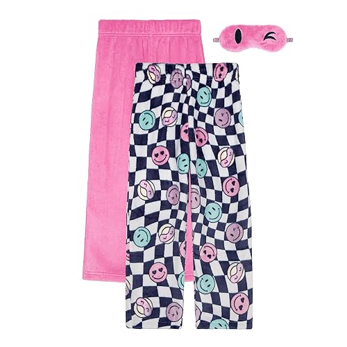 Saint Eve Kids Girls Fuzzy Pajama Pants, 2 Piece PJ Pant Set and Sleep Mask - X-Large - Pink Smiley
