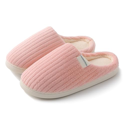 HUXMEYSON Slippers for Women Warm Memory Foam Womens Slippers, Comfy House Slippers Indoor Outdoor Slippers with Anti-Skid Rubber Sole - 7-8 Women/5-6 Men - Pink