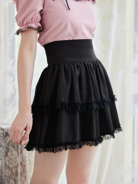 Kawaii Solid Frill Contrast Lace Skirt