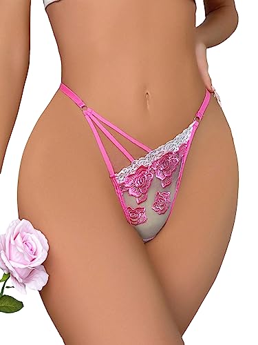 Milumia Women Sexy Underwear Sexy Lace Thong Cut Out Ring Linked Sheer Panty G String Thongs - Medium - Floral Pink
