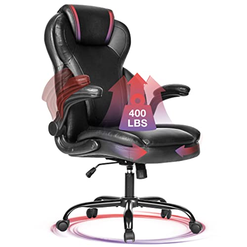 Big and Tall Office Chair 400lbs-Heavy Duty Executive Desk Chair with Extra Wide Seat, High Back Ergonomic Leather Computer Chair with Tilt Rock&Tension, Padded Armrests-Black - Black