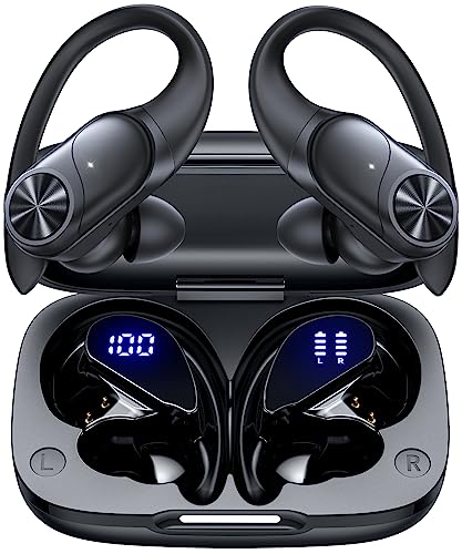PocBuds Bluetooth Headphones Wireless Earbuds 80hrs Playtime Wireless Charging Case Digital Display Sports Ear buds with Earhook Deep Bass IPX7 Waterproof Over-Ear Earphones for TV Phone Laptop Black - Medium - Black