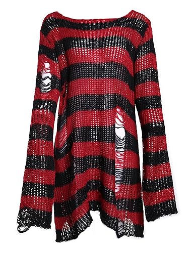 Zhiyouni Punk Gothic Sweater for Women Men Hollow Out Loose Knit Pullover Tops - Medium - Red
