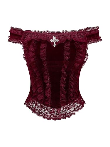 SHENHE Women's Goth Top Lace Trim Velvet Off Shoulder Short Sleeve Punk Top Shirt - Small - Burgundy
