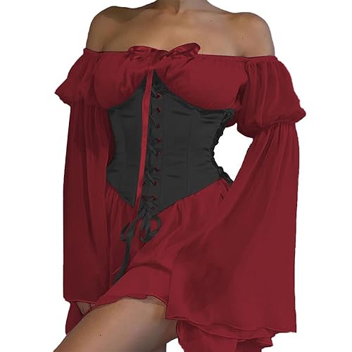 ETATNG Womens Two Piece Corset Dress Off Shoulder Bell Sleeve Summer Party Lace Up Bustier Dress - Small - U2-wine Red+black