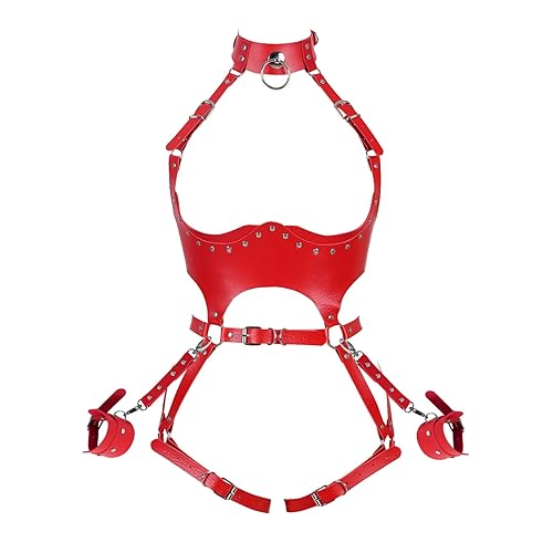 Waist Garter belt Punk Full body harness for women Photography Dance Rock Halloween Leather cage Chest strap set - Red