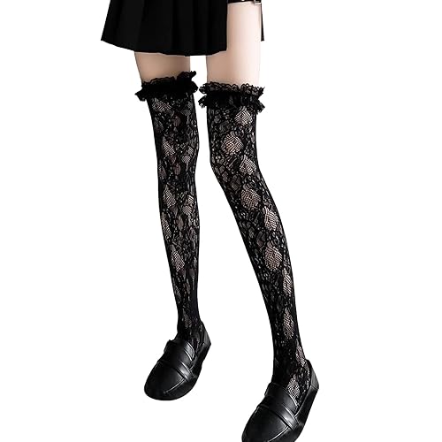 Ninejuize Thigh High Stockings with Bow, Santa Accessory Y2K Fishnet Socks with Lace Brim Lingerie Tights for Women - Black Lace