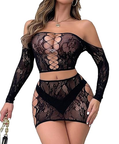 XIUSEMY Women Lingerie Set Sexy Bodysuit Two Piece Babydoll Chemise Nightwear - Black04 - One Size