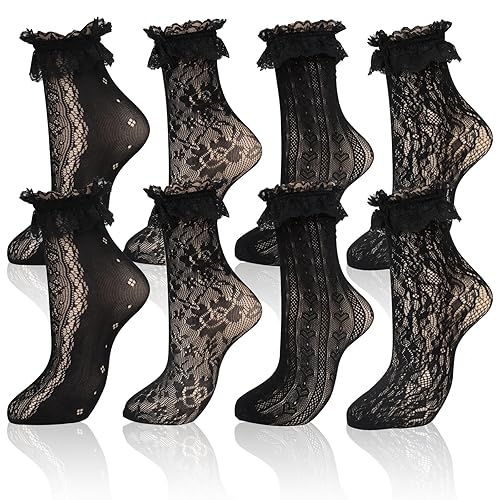 MKYSZLT Womens Lace Ankle Socks Ruffle Frilly Socks,White Black Mesh Lace Trim Socks Lolita Socks,Ankle High Socks for Women - One Size - 4 Pair Black