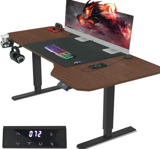JUMMICO HöHenverstellbarer Schreibtisch 160 x 75 cm L-förmiger Schreibtisch Höhenverstellbar Elektrisch,Ergonomie Gaming Tisch mit Becherhalter, Haken (Walnuss) - Walnuss + Mauspad - 160 x 75 cm