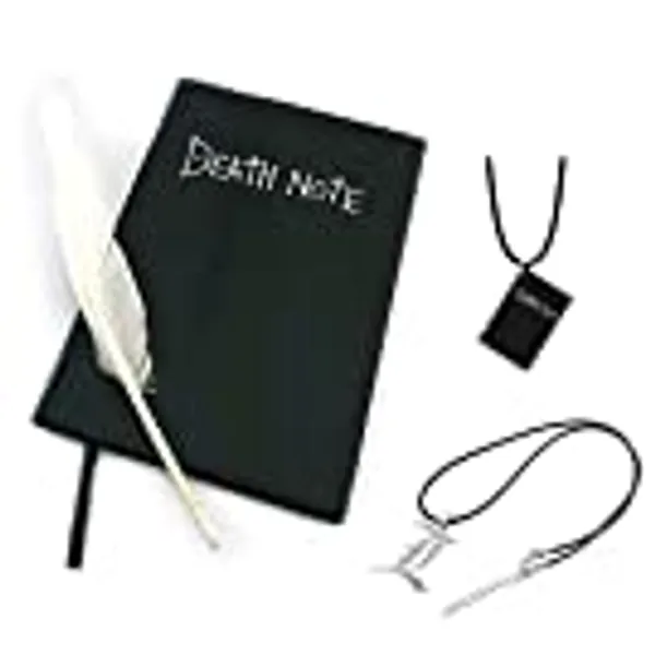Fusovon 4 PCS Set Death Notebook Anime Cosplay Theme Writing Notebook and Feather Pen L Necklace Book Chain Anime Accessories