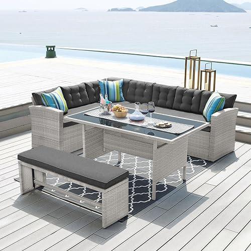 Bravich Elba 8-10 Seater Grey Rattan Outdoor Garden Furniture Set. Weatherproof Corner Garden Furniture, Garden Sofa, Bench & Dining Table FREE RAIN COVER