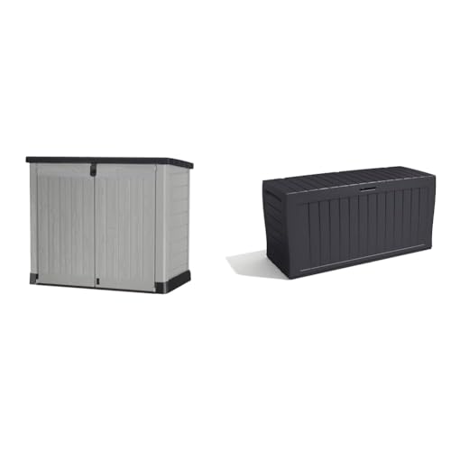 Keter Store It Out Pro Outdoor Garden Furniture Storage Shed Grey| Fade Free & Marvel+ 270L Outdoor 65% recycled Garden Furniture Storage Box Graphite Wood Panel Effect - Grey - + Storage Box