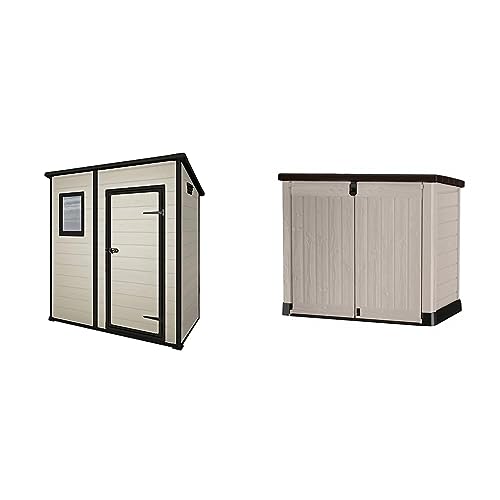 Keter Manor Pent Outdoor Garden Storage Shed, Beige/Brown, 6 x 4 ft 219732 & 250001 Store It Out Pro Outdoor Storage Shed, 145.5 x 82 x 123cm Beige/Brown - + Keter 250001 Store It Out Pro
