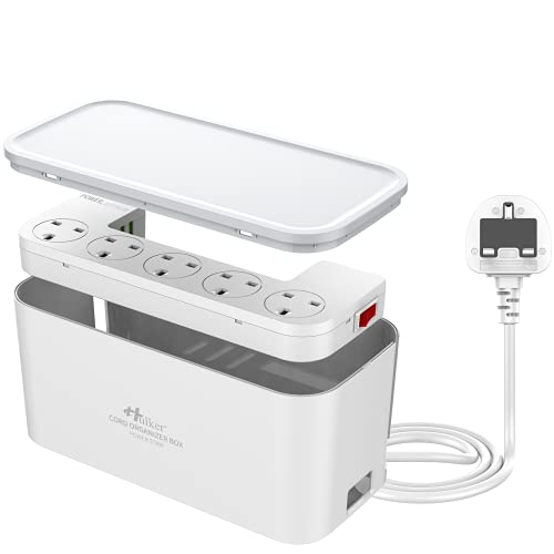 Hulker Extension Lead with USB Slots 5 Way Outlets 3 USB Ports Tidy Socket Extension with Overload Protection 3250W 13A Cord 2M Power Strip Cable Management Box White - 2 Meter Power Cord