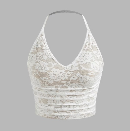 Cider [size 2-10] V-neck Floral Lace Ruched Halter Crop Cami Top Beige XS - 2