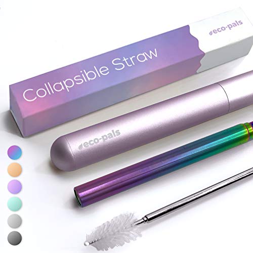Eco-Pals | Collapsible Straw with Soft Silicone Mouthpiece & Case | Stainless Steel Straws Drinking Reusable | Dishwasher Safe | +1 Straw Cleaning Brush For Travel (Unicorn) - Unicorn