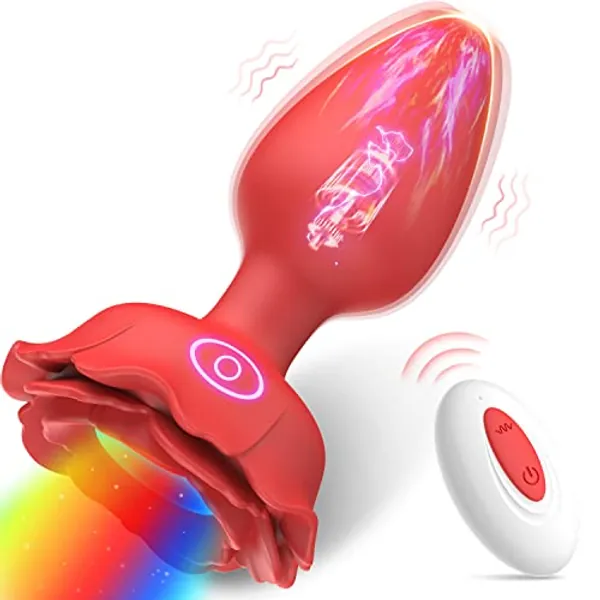 Amortoy Anal Plug Rose Vibrator Couples Sex Toys for Women, Vibrating Butt Plug with 10 Vibrations Adult Toys, Women Sex Toys Anal Vibrators Rose Sex Toy, Light Up Anal Toys Adult Sex Toys & Games
