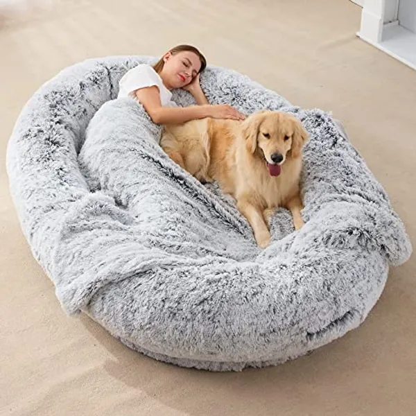 Homguava Large Human Dog Bed 75.5"x55"x12" Human-Sized Big Dog Bed for Adults&Pets Giant Beanbag Bed with Washable Fur Cover,Blanket and Strap, Grey Plush